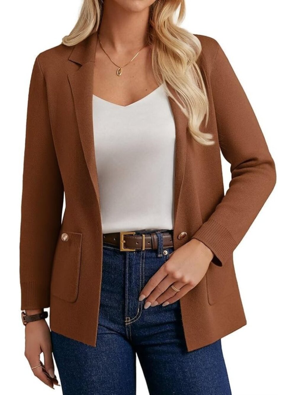 Women's Brown Sweater Blazers Long Sleeve Button Down Cardigan Business Casual